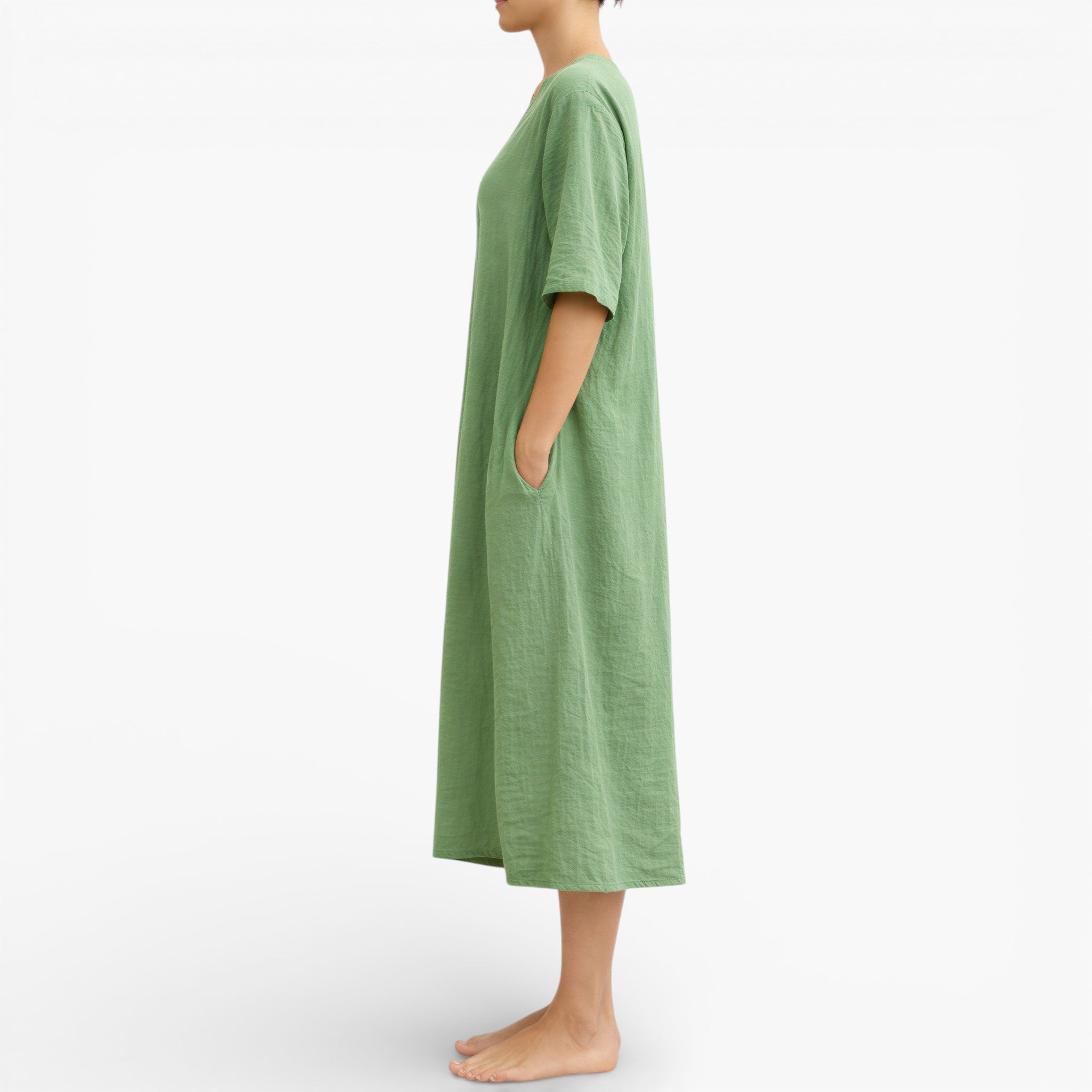 Women’s Vegan Linen feel Midi Dress – Breathable V-Neck Summer Dress
