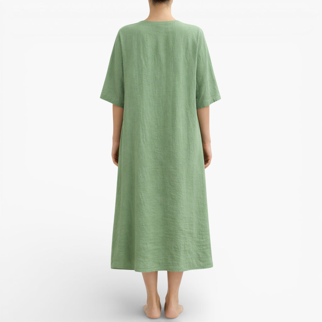 Women’s Vegan Linen feel Midi Dress – Breathable V-Neck Summer Dress