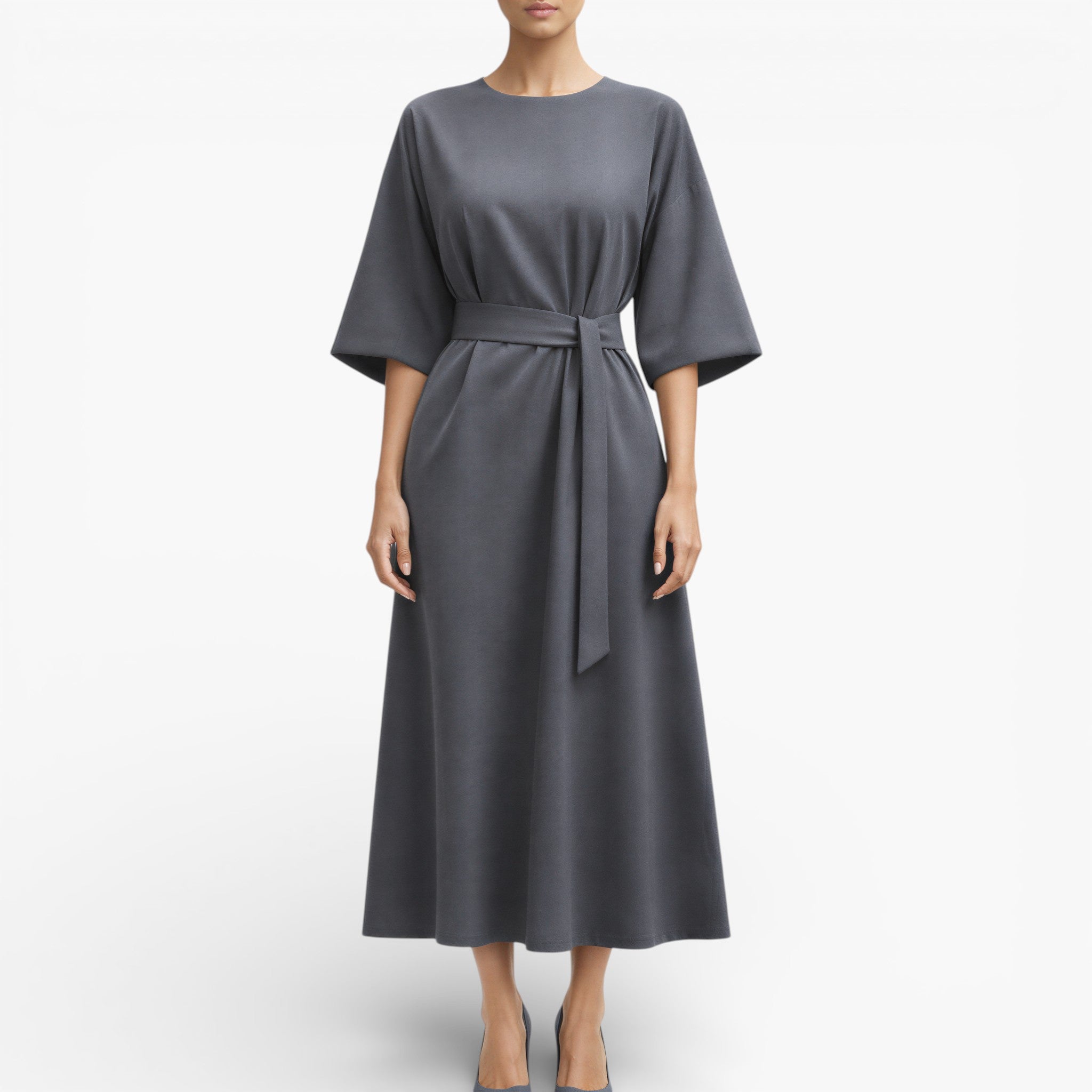 Women’s V Neck Midi Dress Belted Waist Flowy Casual Dress
