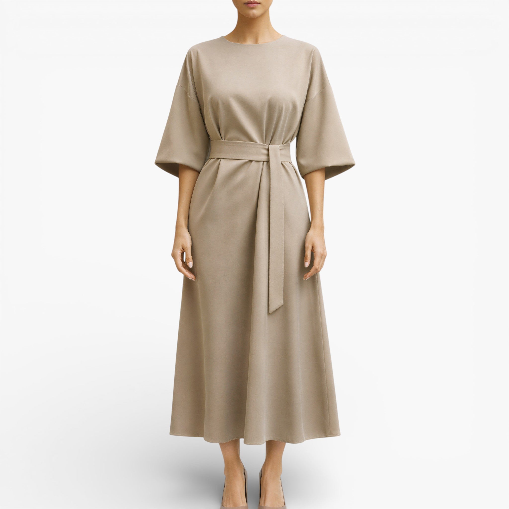 Women’s V Neck Midi Dress Belted Waist Flowy Casual Dress