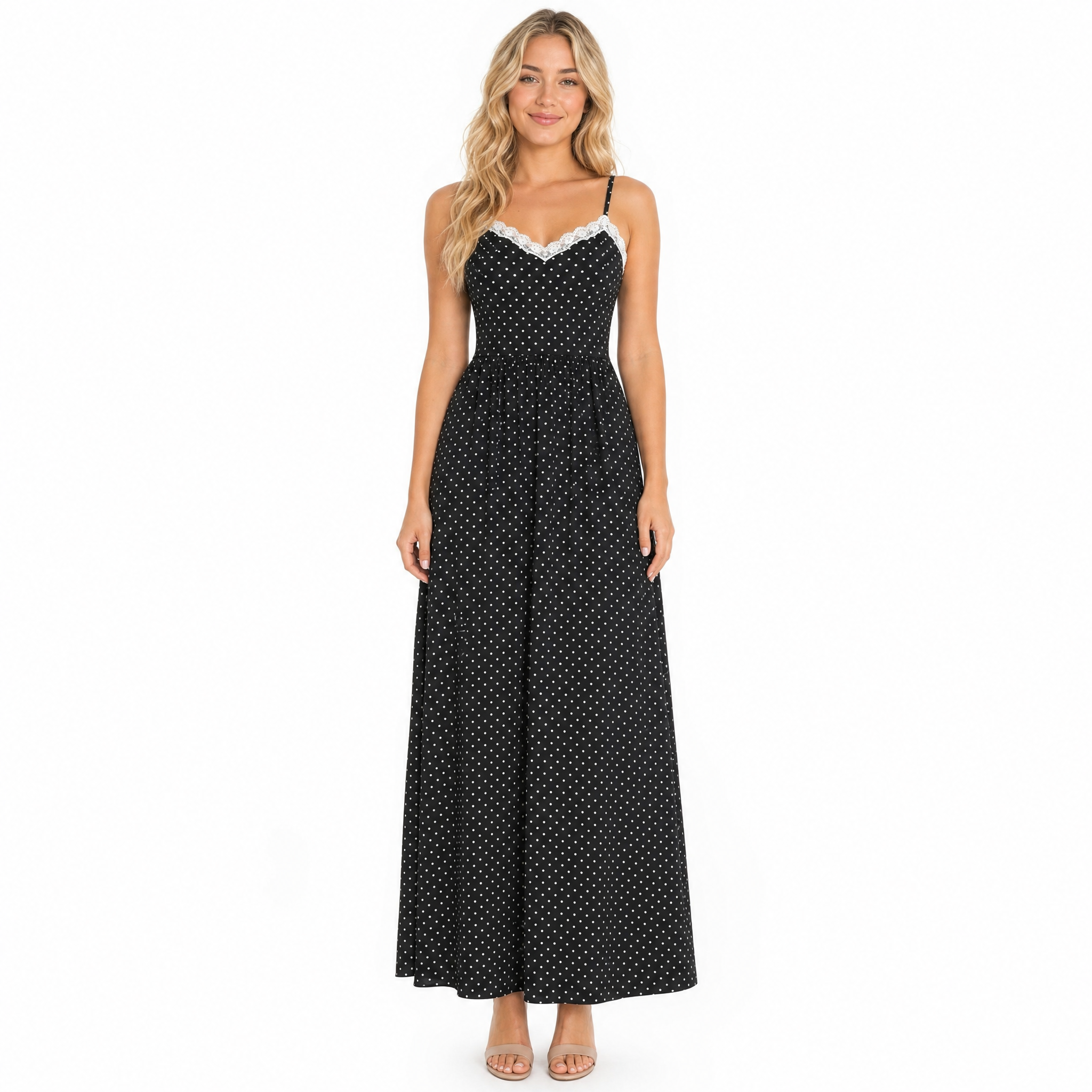 Black polka-dot lace maxi dress - front