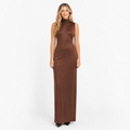 Coffee high-neck satin bodycon maxi dress - front