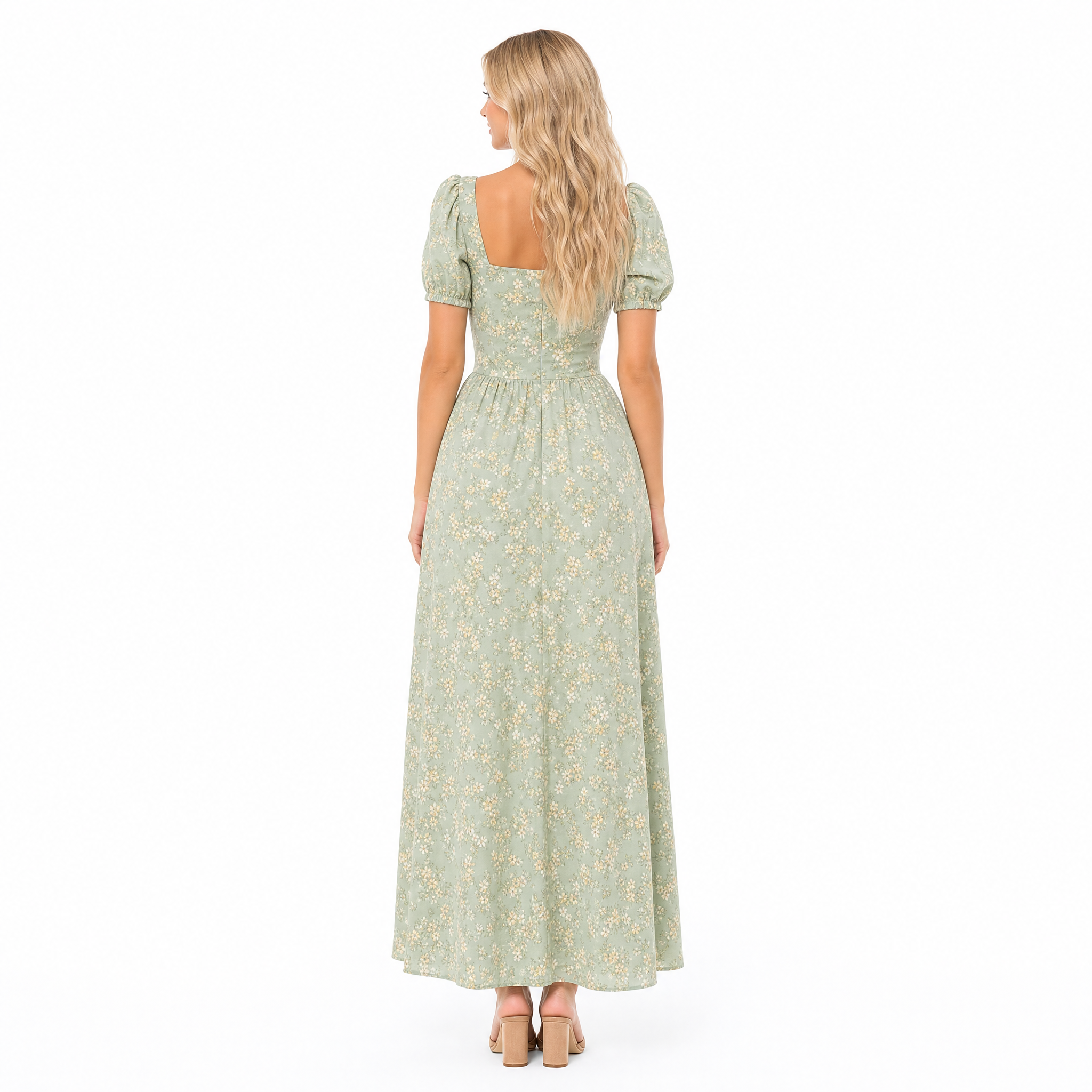 Sage green vintage floral puff-sleeve maxi dress - back