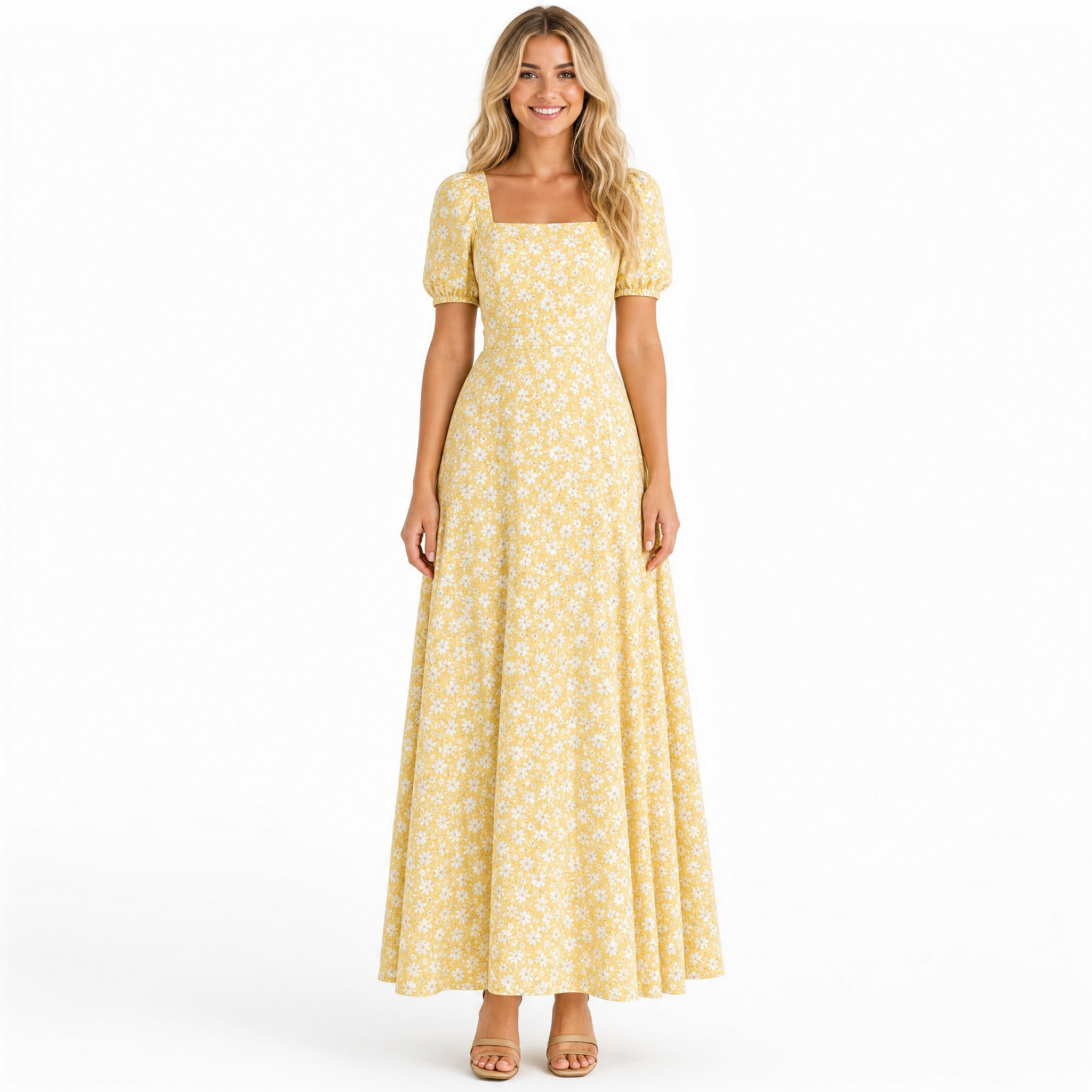 Yellow vintage floral puff-sleeve maxi dress - front