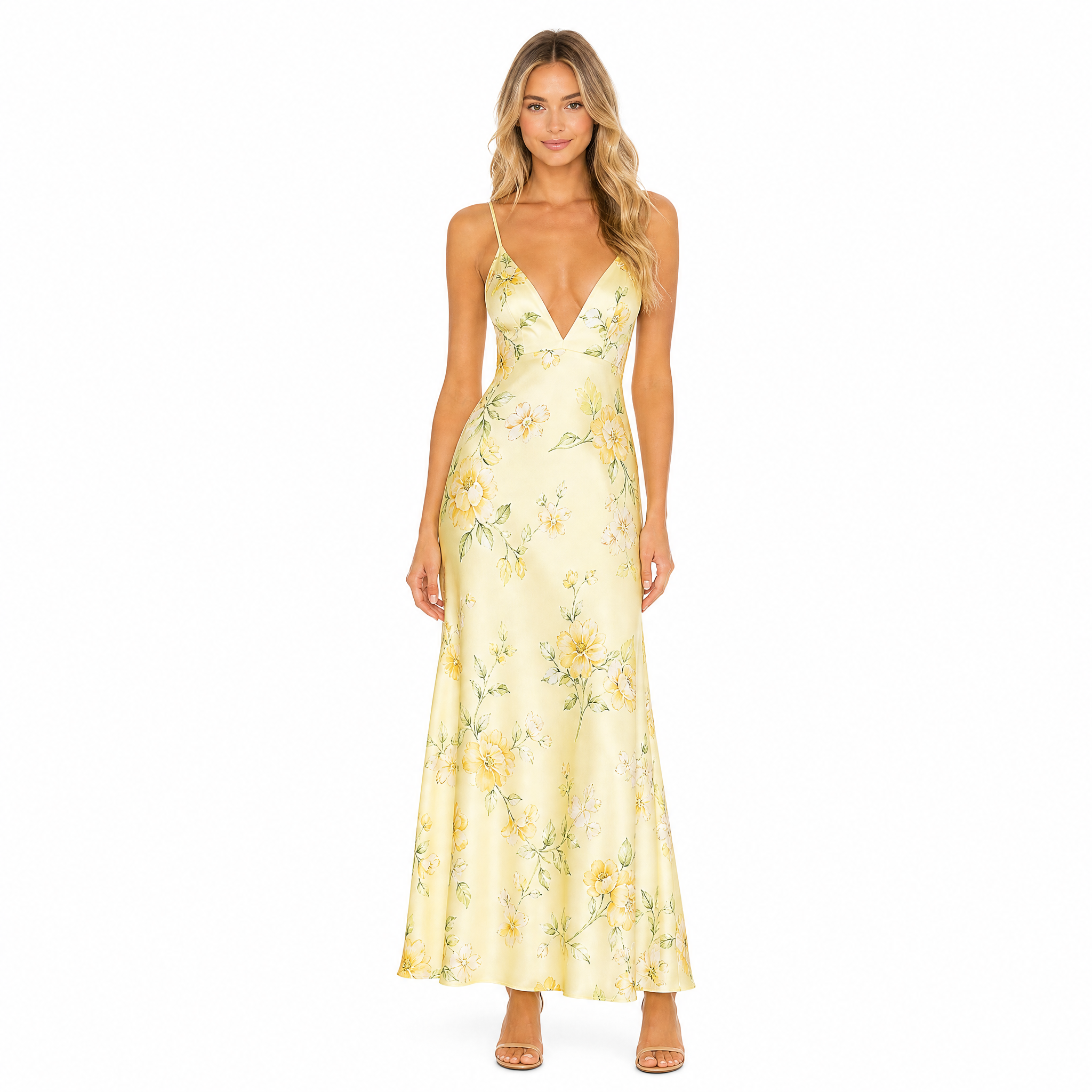 Women's floral V-neck maxi dress in yellow - front