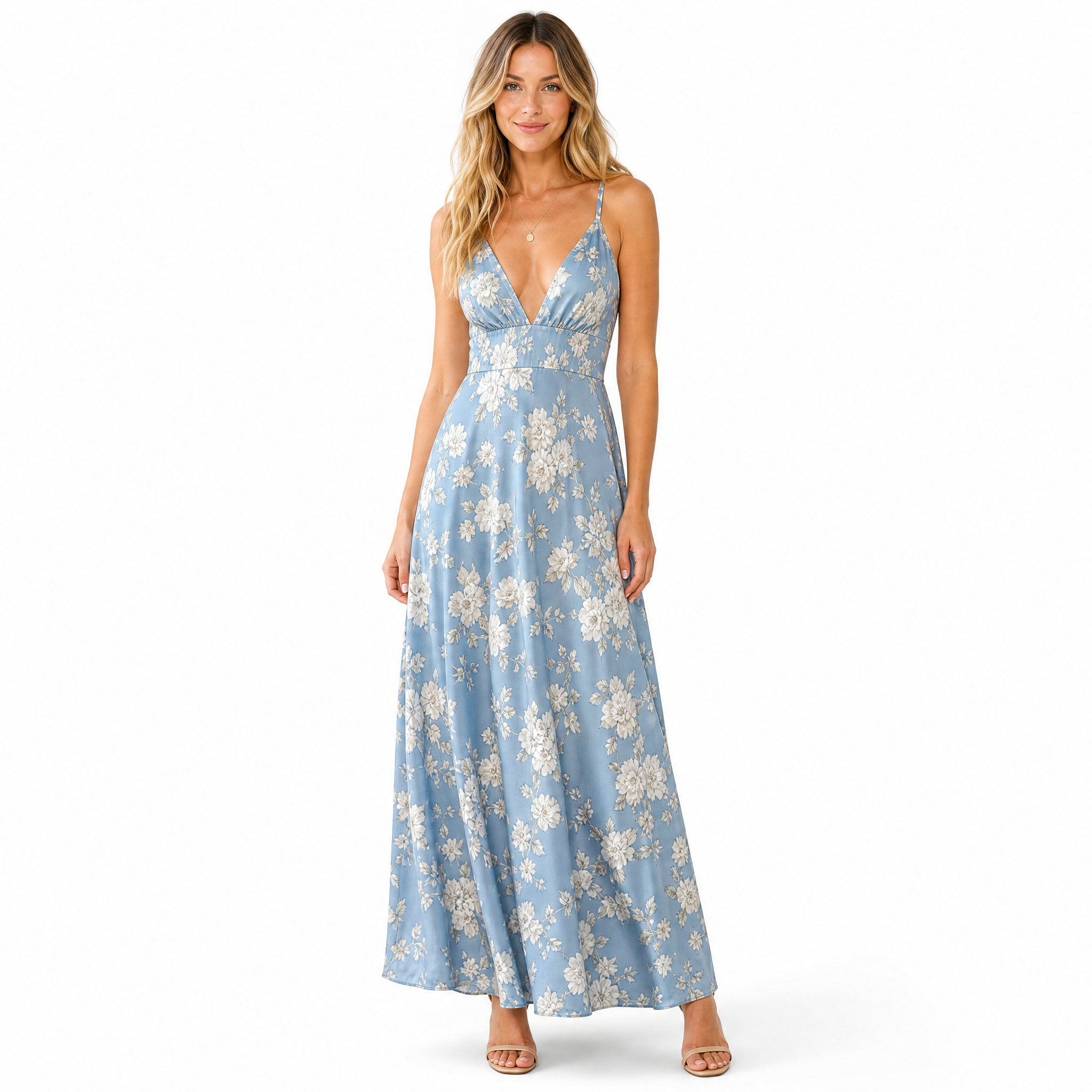 Women's floral V-neck maxi dress in dusty blue - front