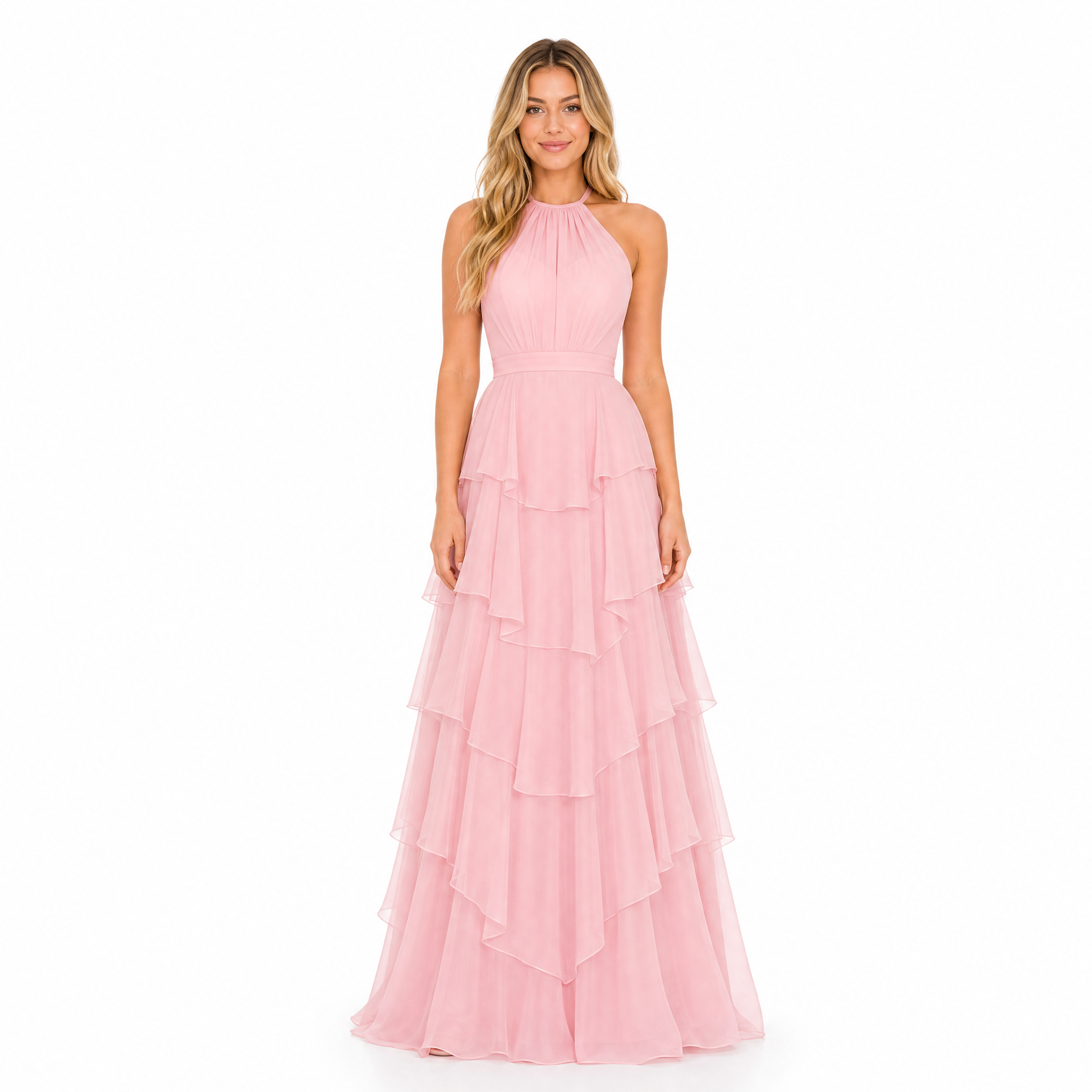 Women's pink halter tiered chiffon maxi dress - front