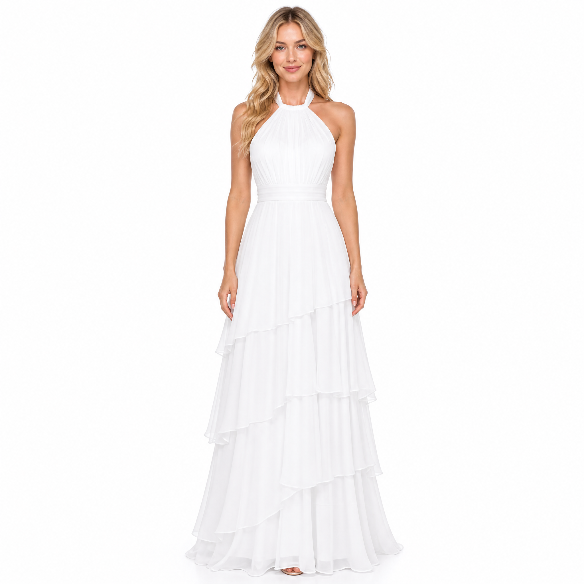 Women's white halter tiered chiffon maxi dress - front