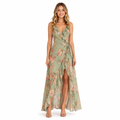 Women's green floral V-neck chiffon maxi dress - front
