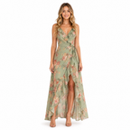 Women's green floral V-neck chiffon maxi dress - front
