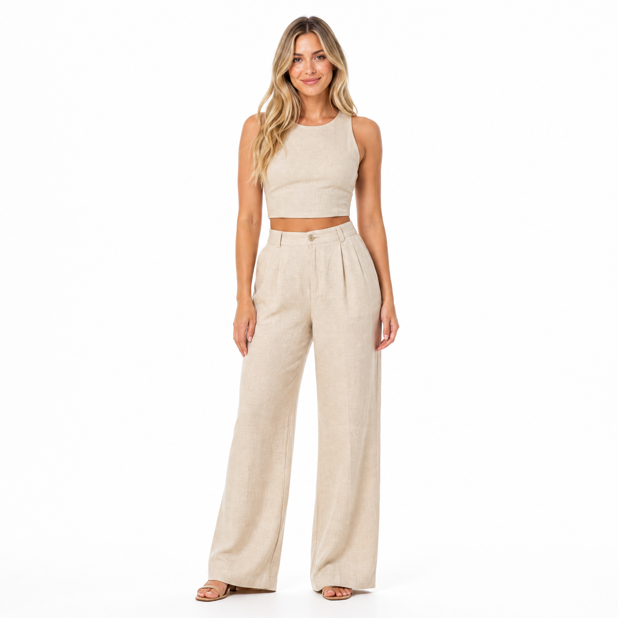Women's beige linen crop top and wide-leg trouser two-piece set - front