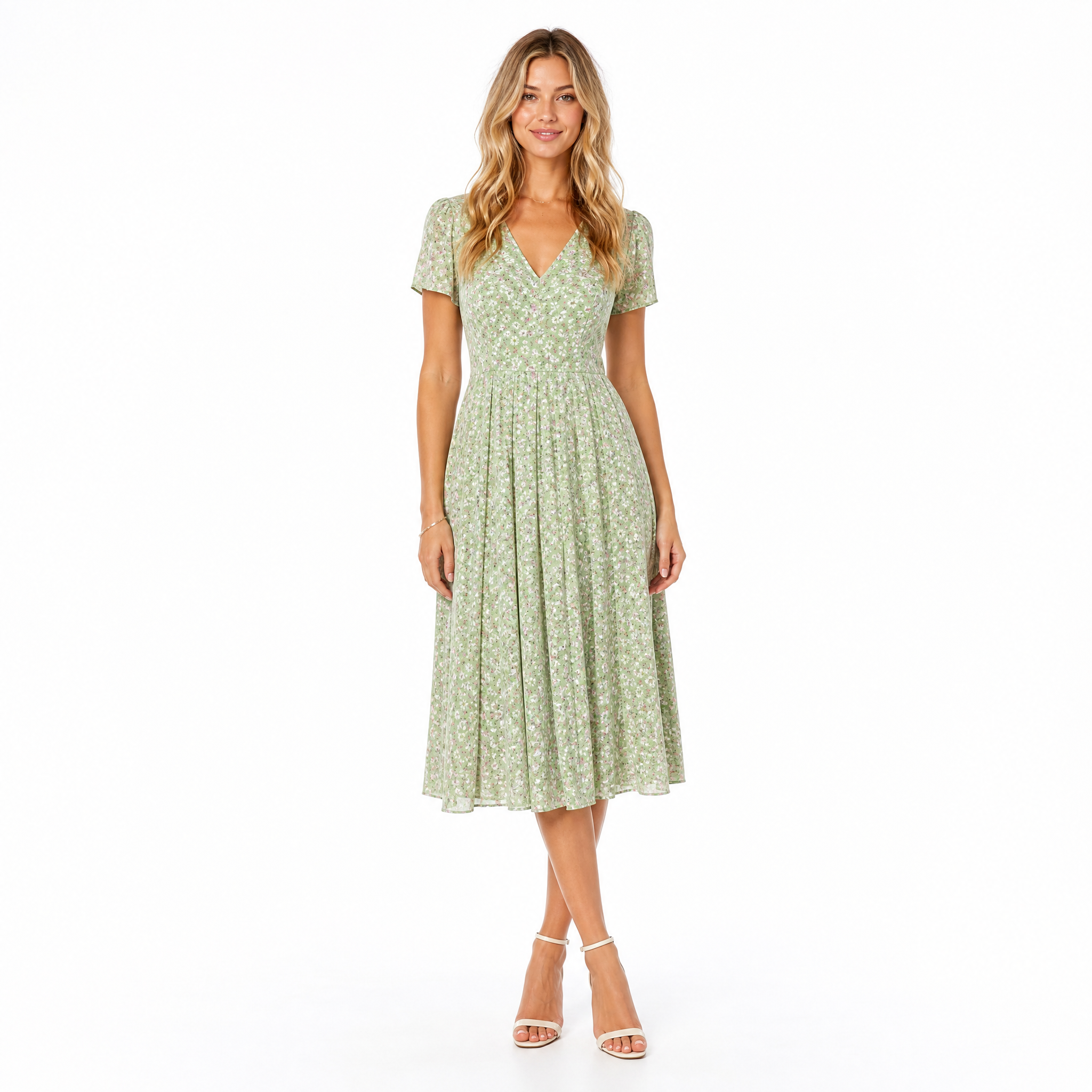 Women's light green floral pleated short-sleeve midi dress - front