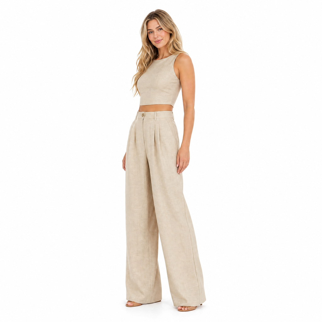 Women's beige linen crop top and wide-leg trouser set - side