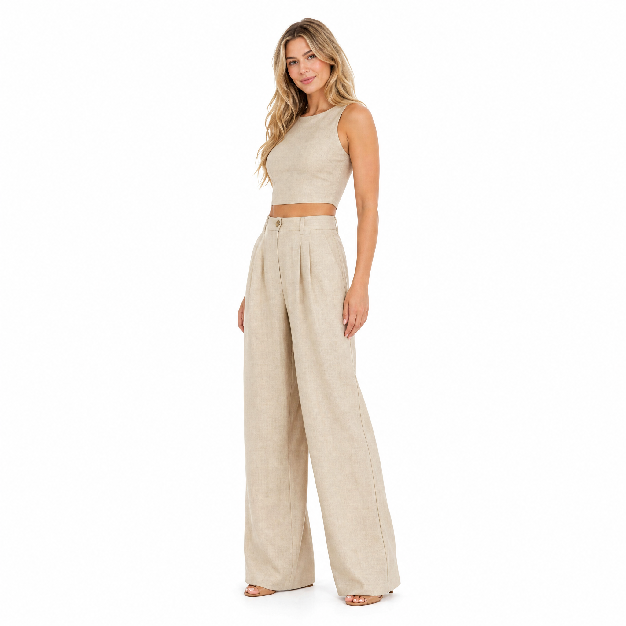 Women's beige linen crop top and wide-leg trouser set - side
