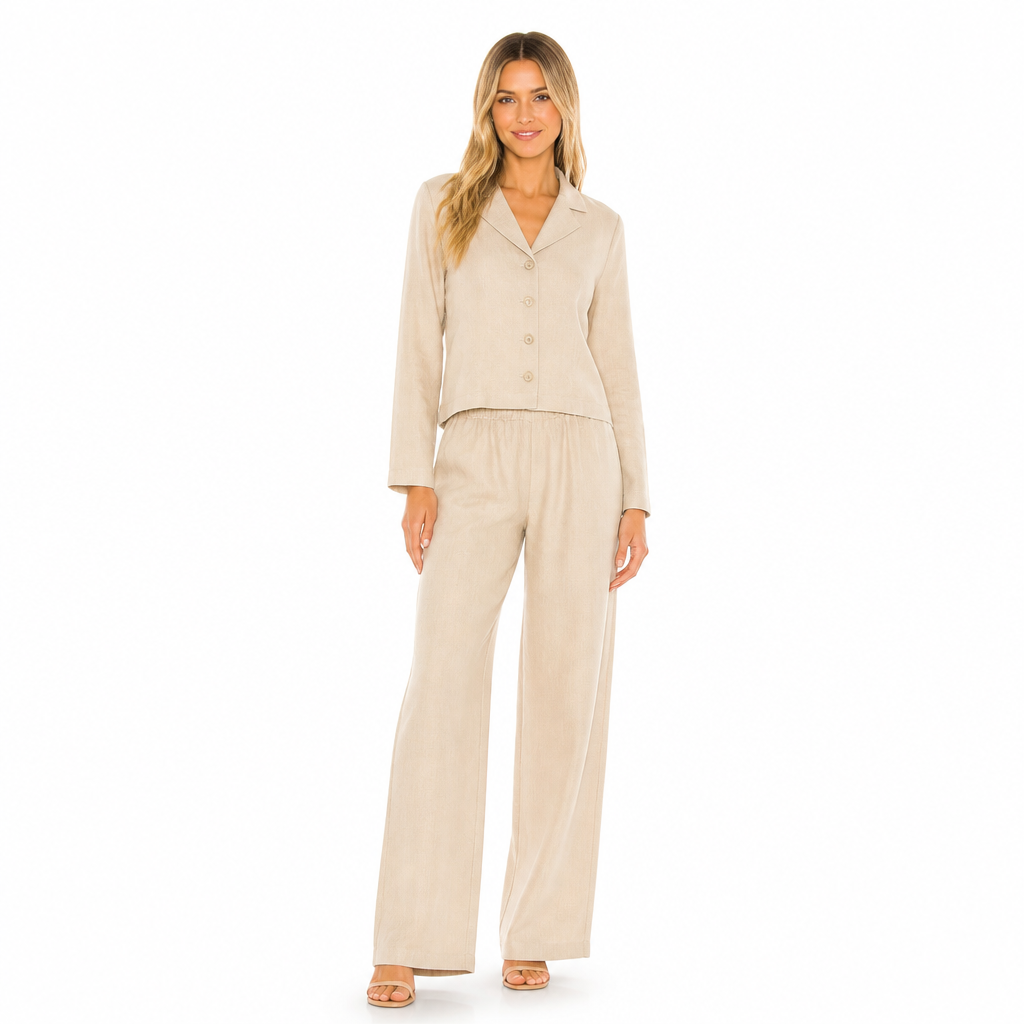 Women's beige cotton linen lapel shirt and wide-leg trouser set front view