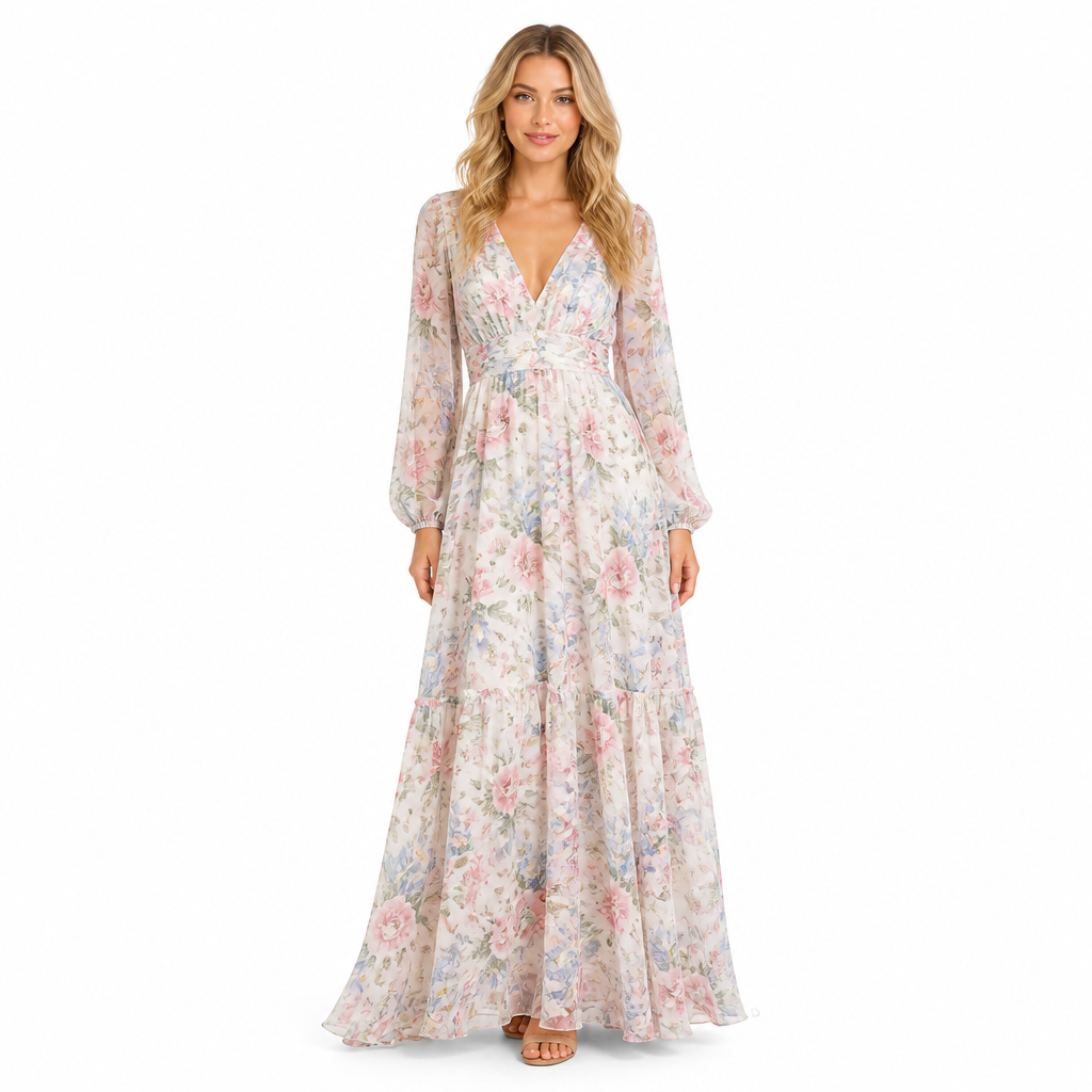 Women's floral bohemian long-sleeve chiffon maxi dress front view