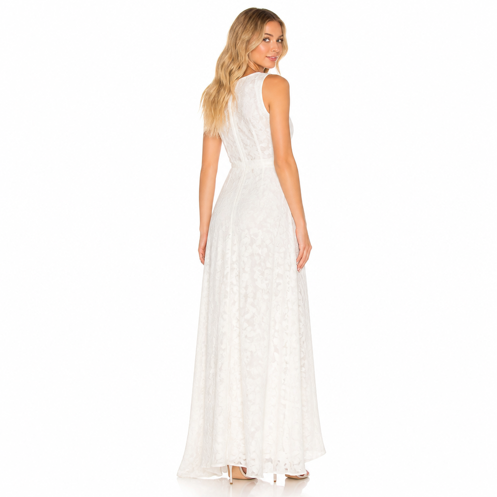 Women's white jacquard chiffon maxi dress back view