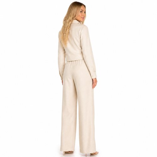 Women's beige cotton linen lapel shirt and wide-leg trouser set back view