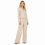 Women's beige cotton linen lapel shirt and wide-leg trouser set side view