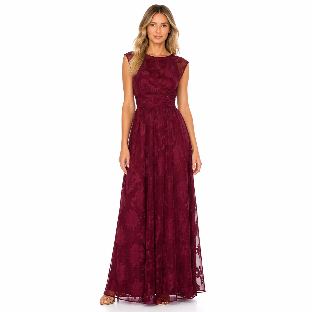Women's burgundy jacquard chiffon maxi dress front view