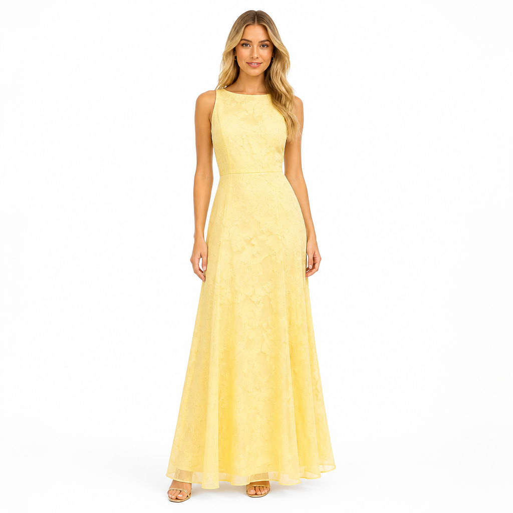 Women's yellow jacquard chiffon maxi dress front view