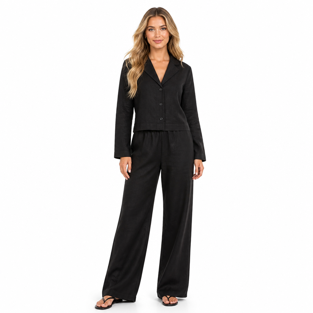 Women's black cotton linen lapel shirt and wide-leg trouser set front view