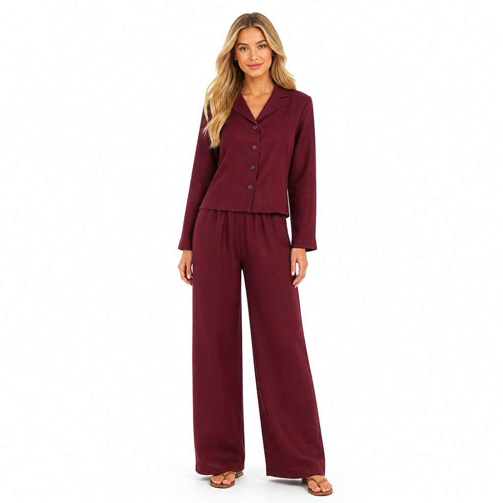Women's burgundy cotton linen lapel shirt and wide-leg trouser set front view