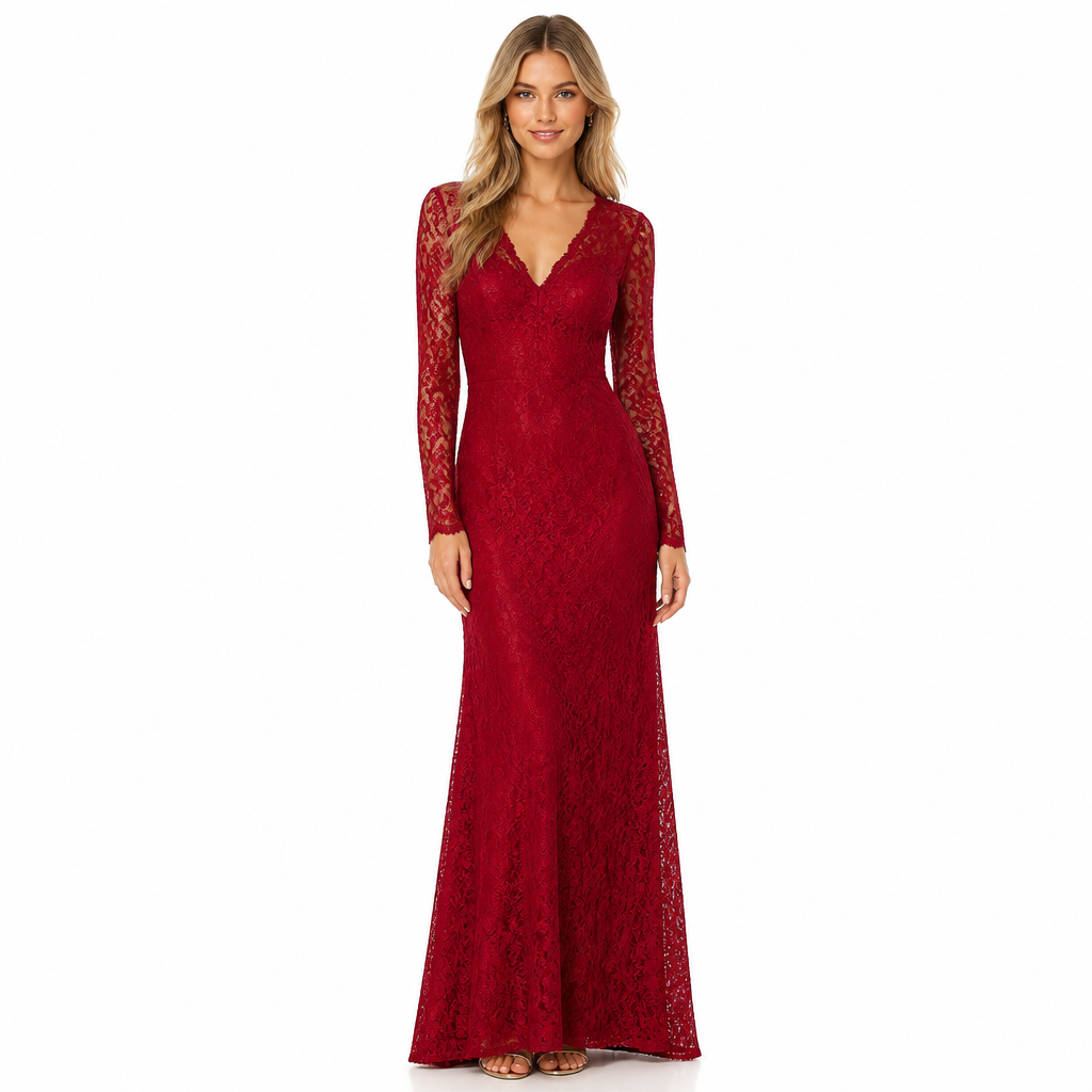 Women's red long-sleeve lace V-neck maxi evening dress front view