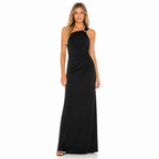 Women's black one-shoulder ruched maxi dress front view
