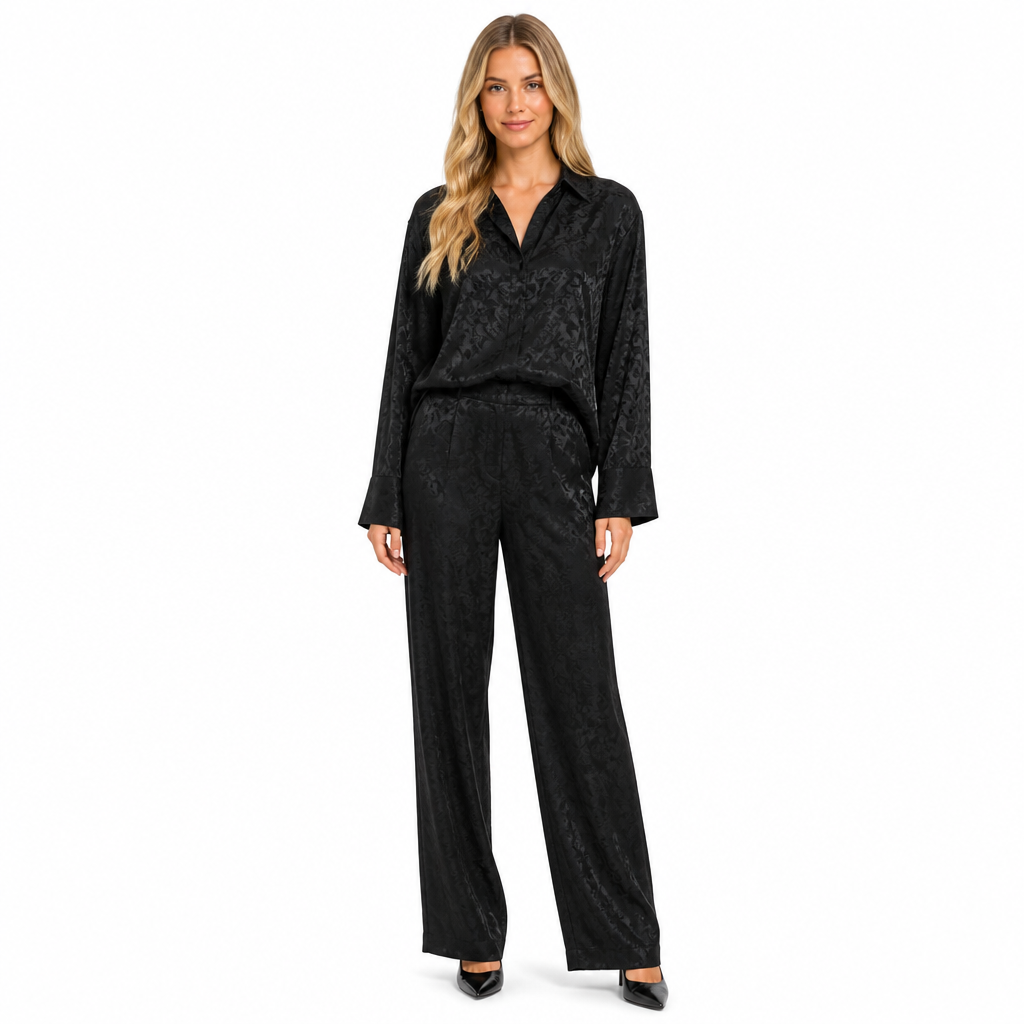 Women's black jacquard print long-sleeve shirt and trouser set front view