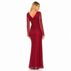 Women's red long-sleeve lace maxi evening dress back view