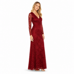 Women's red long-sleeve lace maxi evening dress side view