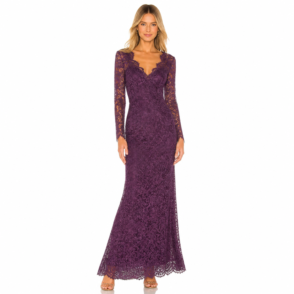 Women's plum long-sleeve lace maxi evening dress front view