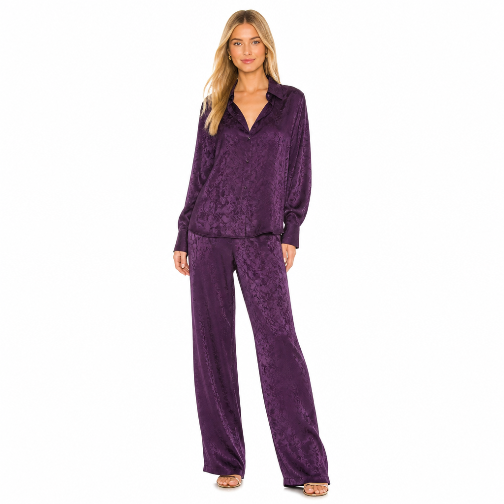 Women's purple jacquard print long-sleeve shirt and trouser set front view