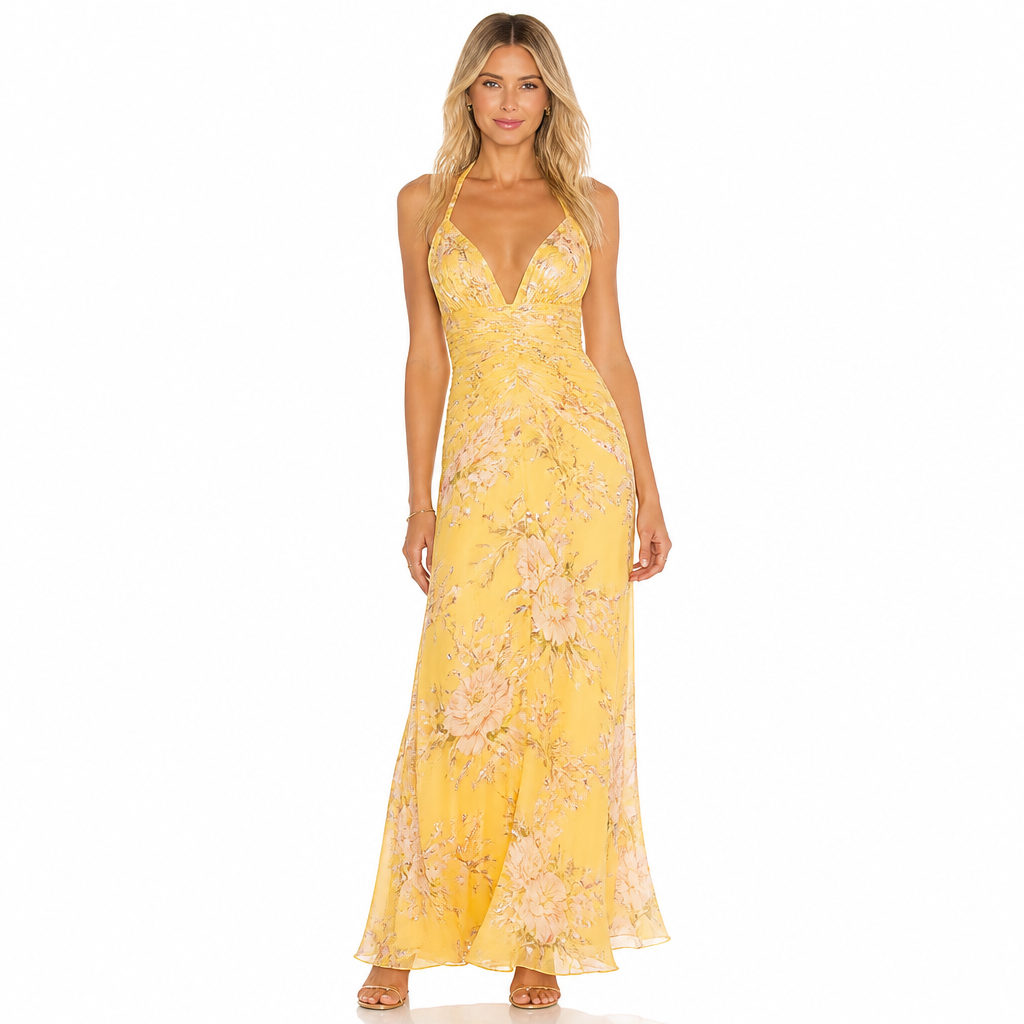 Women's yellow floral plunge V-neck maxi dress front view