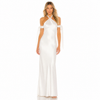 Women's white satin ribbon halter maxi dress front view