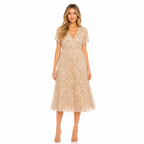 Women's beige floral chiffon V-neck pleated midi dress front view