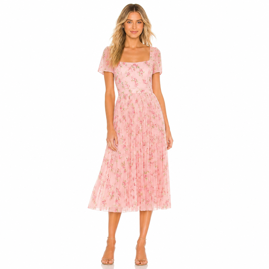 Women's pink floral chiffon square collar pleated midi dress front view