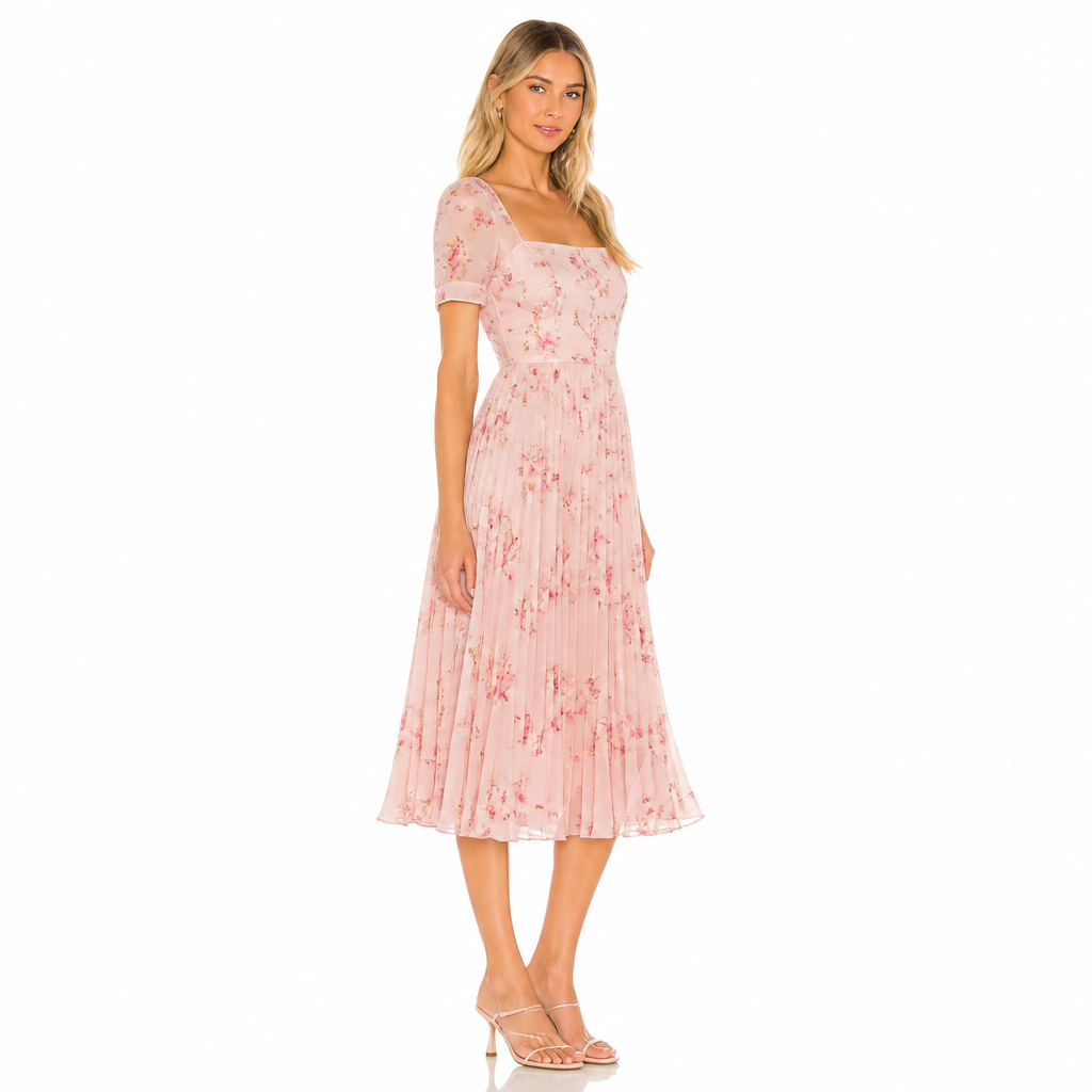 Women's pink floral chiffon square collar midi side view
