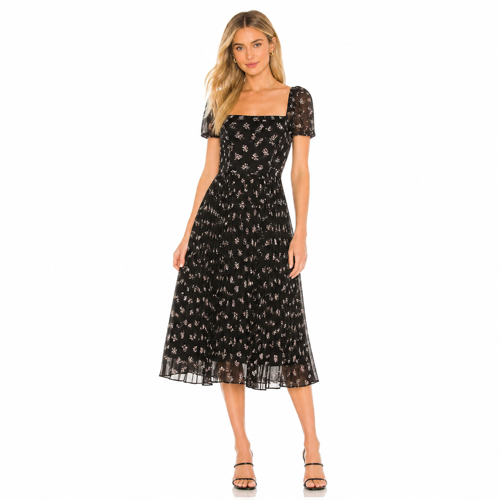 Women's black floral chiffon square collar midi front view