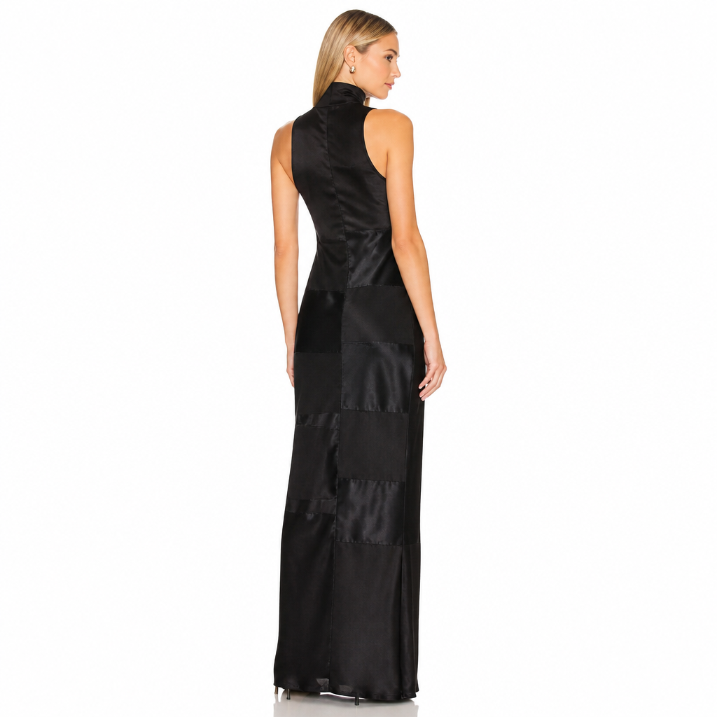 Women's black satin turtleneck maxi back view