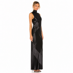 Women's black satin turtleneck maxi side view