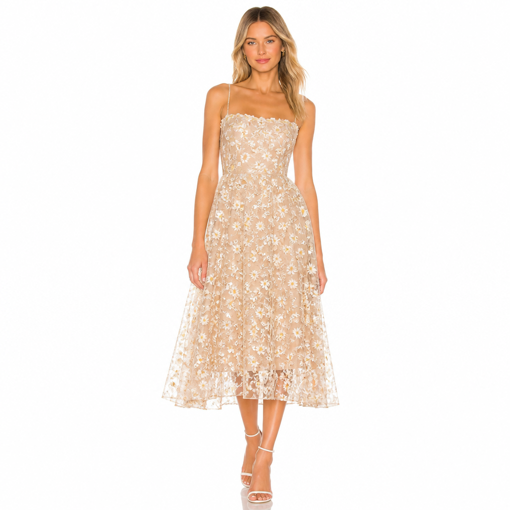 Women's beige daisy floral mesh midi front view
