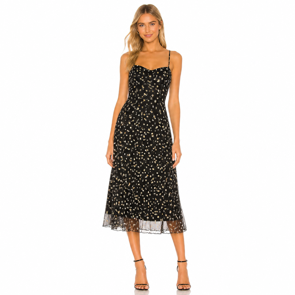 Women's black daisy floral mesh midi front view