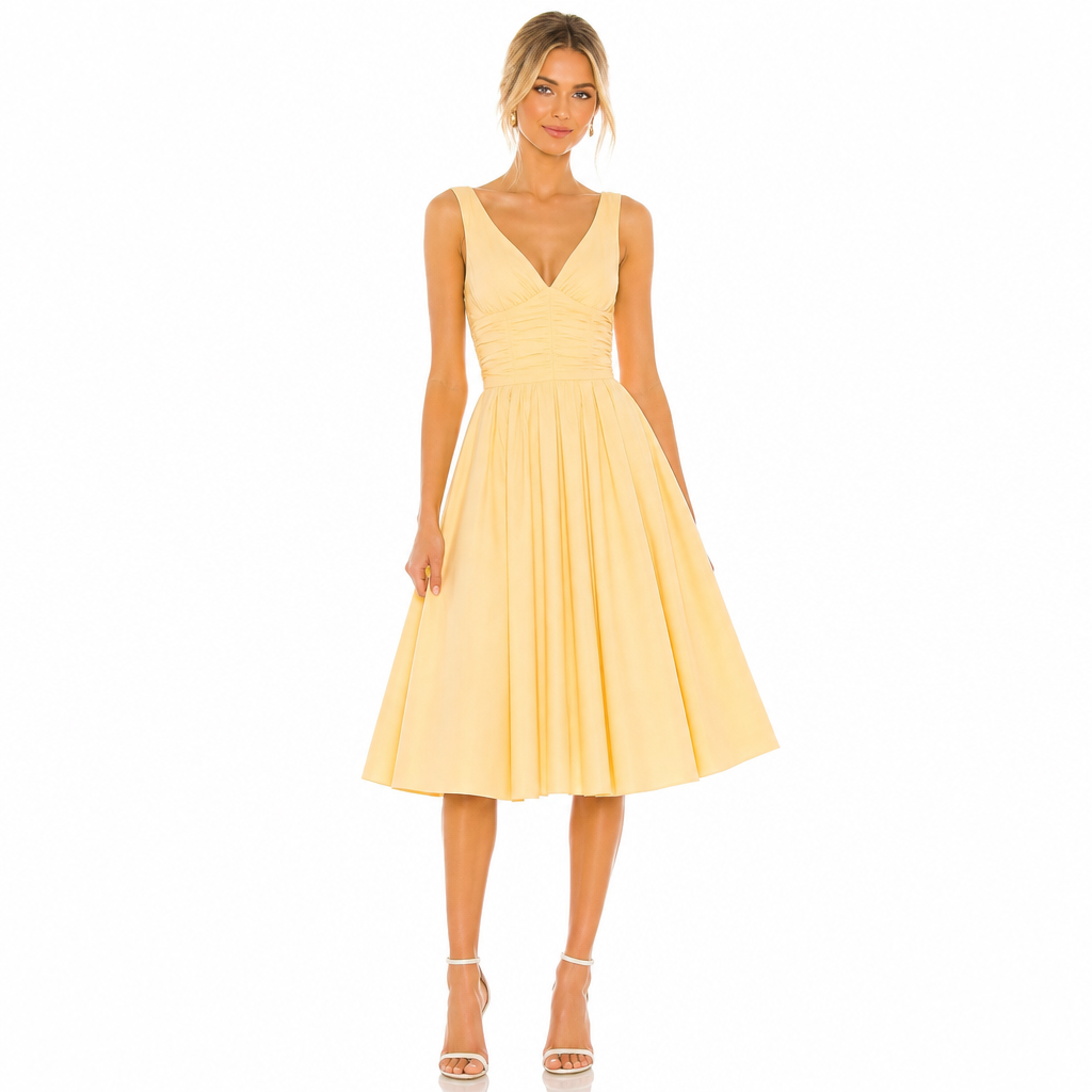 Women's yellow vintage pin-up midi front view