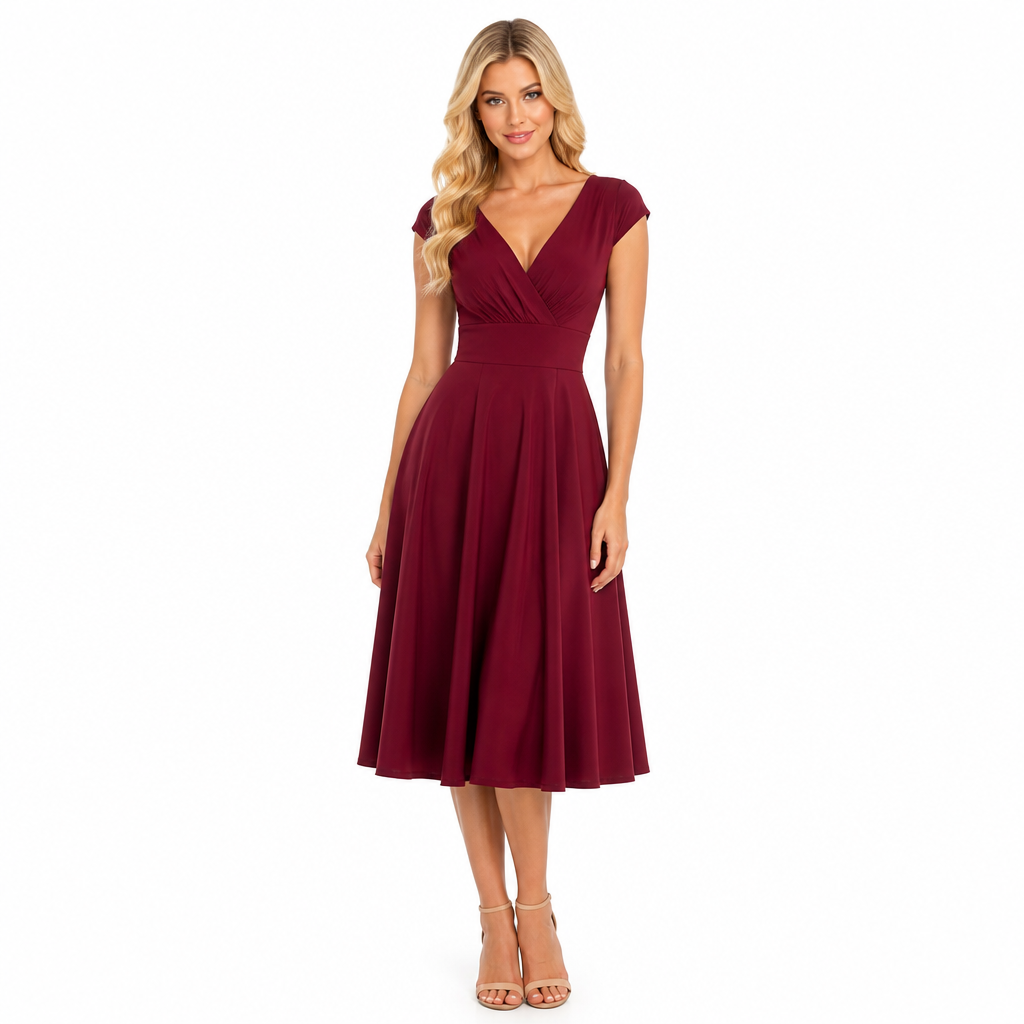 Women's claret vintage pin-up midi front view