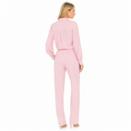 Women's pink lapel shirt and trouser set back view