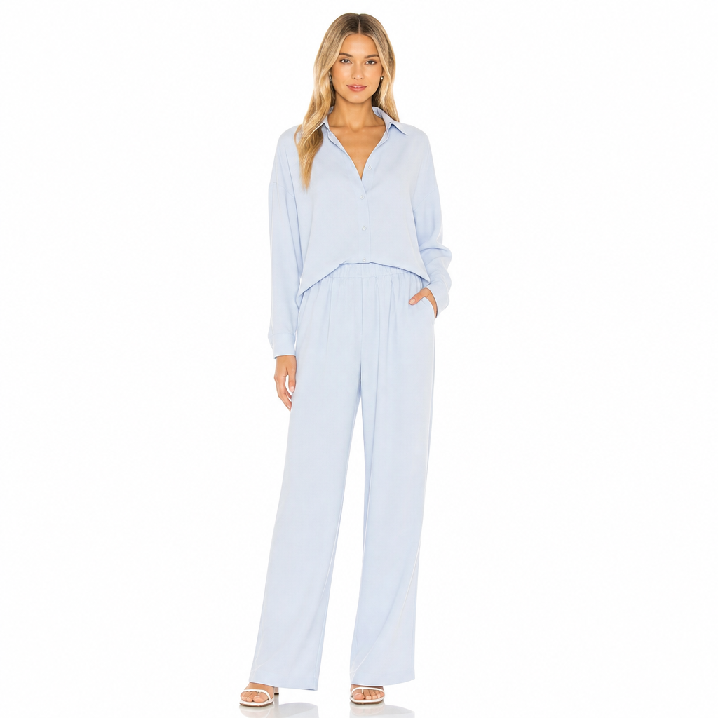 Women's blue lapel shirt and trouser set front view