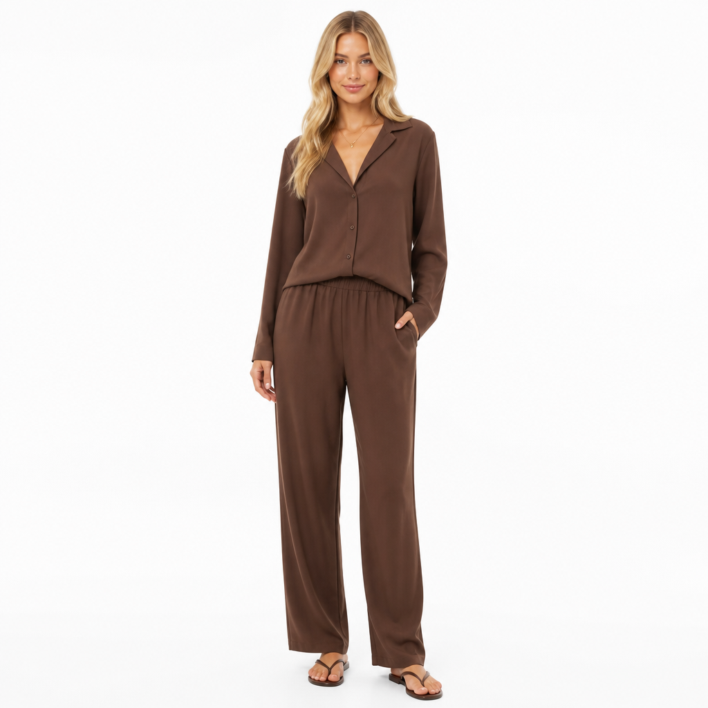 Women's brown lapel shirt and trouser set front view