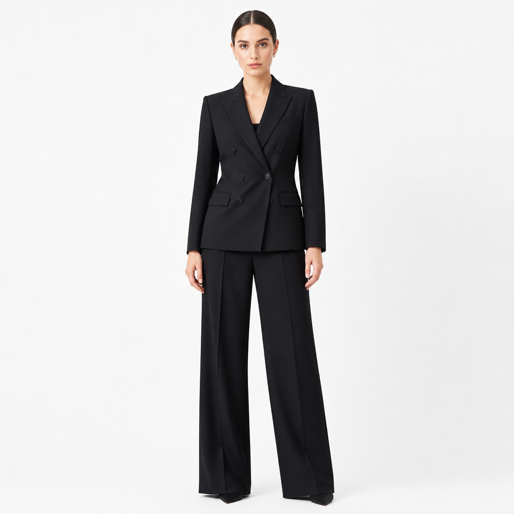 Black double-breasted blazer and wide-leg trouser two-piece set front view